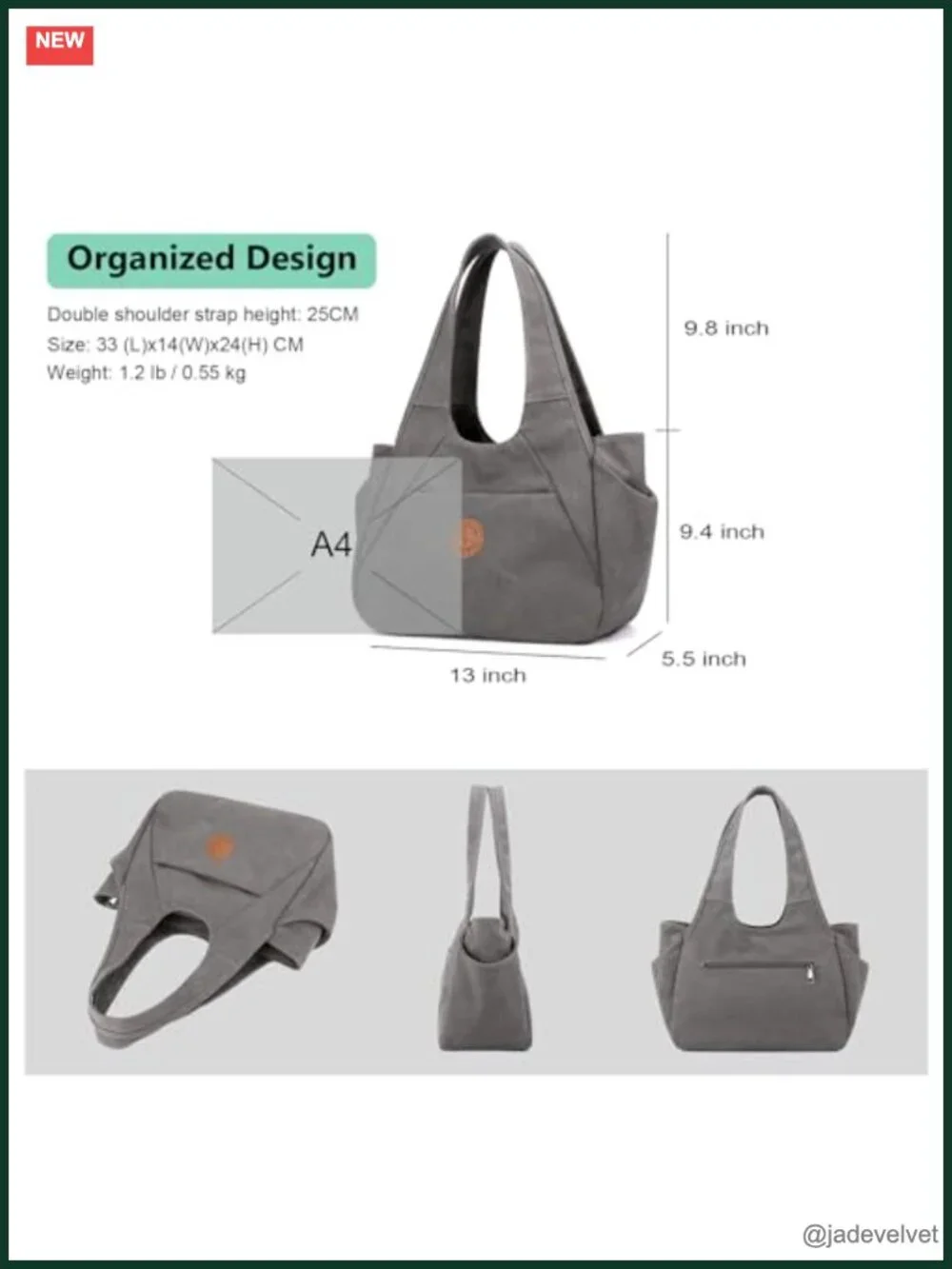 Canvas Hobo Shoulder Bag with 3 Compartments Daily Tote